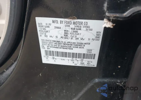 2007 Ford Edge Sel Plus из США, поврежденный, VIN 2FMDK49C67BA67559